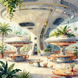 a beautiful illustration of futuristic pizza hut, restaurant, plants, big medium small, golden ratio, in watercolor gouache detailed paintings, in style of syd mead, trending on artstation, 8 k, panel, hard surface, vent, zaha hadid, props, cozy, decoration around the room, simon stalenhag, deus ex