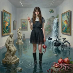 painting of a tall emo girl in a flooded art gallery, holding surgical equipment, pomegranates, octopus, long black boots, flooded, stone sculptures, art on the walls, tropical fish, zen, waterfall, black swans, bicycle, berries, surrealist, by magritte and monet