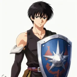 a halfbody portrait of a warrior character with a shield, by yoshitaka amano, featured on pixiv, fantasy art, official art, androgynous, anime