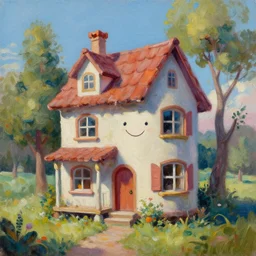 detailed acrylic oil painting showing a surreal alive house smiling