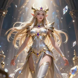 a beautiful female god character from hades game, character is in all its glory, character is centered on the image, rim lights, highly detailed professional photo, dynamic lights, particles and crystals are flying, trending on artstation, illustration, hyper realistic, super detailed