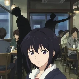 anime frames, anime visual, portrait of a young woman visiting a busy cafe interior at night, beautiful face by ilya kuvshinov and, kyoani, psycho pass, gits anime, dynamic pose, dynamic perspective, strong silhouette, anime cels, rounded eyes, natural light, yoshinari yoh, cool tint