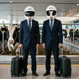 two business men with dairy cow head helmet standing on two feet at the airport trending flickr noir detailed portrait