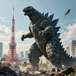 Dwarf Godzilla destroys Tokyo, a super detailed high resolution cinematic scene