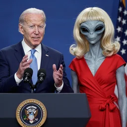 photograph of Joe Biden and a gray alien wearing a blonde wig and a red dress, at a press conference
