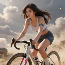 a beautiful female goddess of cycling character, character is in all its glory, character is in her natural relaxed pose, rim lights, particles and dust in the air, fancy clouds, highly detailed professional photo, dynamic lights, particles are flying, depth of field, trending on artstation, illustration, hyper realistic, vray caustics, super detailed, colorful accents, cinematic shot