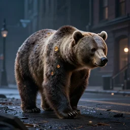 nuclear mutation of a bear walking through a desolate city street at night, realistic 4 k octane beautifully detailed render, 4 k post - processing, highly detailed, intricate complexity, epic composition, magical atmosphere, cinematic lighting, masterpiece, ultra hd
