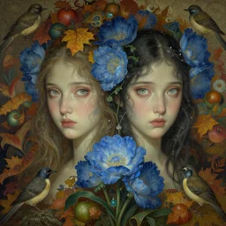breathtaking detailed concept art painting blend of two goddess of light blue flowers by hsiao - ron cheng with anxious piercing eyes, vintage illustration pattern with bizarre compositions blend of autumn leaves and fruits and birds by beto val and john james audubon, exquisite detail, extremely moody lighting, 8 k