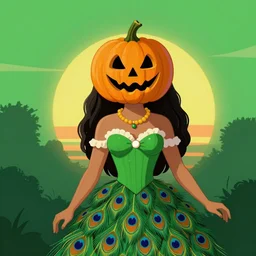 pocahontas pumpkin face and peacock dress, green sunset, howl next to main character, vibrant palette, trending on artstation, digital art