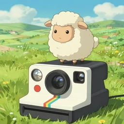 a cute sheep standing like a human being, stand on a huge polaroid camera, by jonathan chu, artstation, twitter, japanese fantasy, studio ghibli, micro - landscape, comic paint, highly details, 4 k,