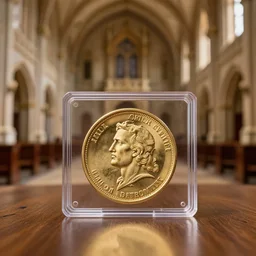 macro shot of a gold coin in a display case sitting on a table in the hall of a great castle