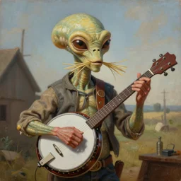 painting of a country bumpkin alien playing a banjo, straw in his mouth, style of peter mohrbacher, high detail, hyper realistic, 8 k