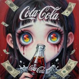 painting of the coke logo personified as a soda themed girl, large creepy eyes, extremely detailed and colorful eyes, soda themed girl, hyper detailed eyes, money sign pupils, tim burton, scratchy lines, junji ito, gorrilaz, her forehead has the coke logo carved into it, dollar sign pupils, extremely uncomfortable, money everywhere, cash falling, coke flood