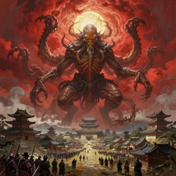 a digital painting of cthulhu monster about to landing on an ancient japanese village, red clouds in the sky, samurai army standing in the castle, ultrawide shot, overlook, art by anato finnstark, joseph leyendecker, peter mohrbacher, ruan jia, marc simonetti, ayami kojima, cedric peyravernay, finnian macmanus, alphonse mucha,