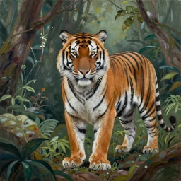 a gorgeous, fantastic, tiger in the jungle by victo ngai, ( thomas kincade ), trending on artstation, artgerm, acrylic on canvas, muted colors