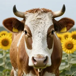 a cows face with sun flower background, photorealistic
