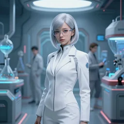 a scientist girl with silver hair wearing white suit and glasses, inside a science facility, cyberpunk style by artgerm, wlop and charlie bowater