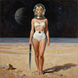 a mixed media painting of a beautiful blonde woman with a survival knife on a desert planet, elegant, aesthetic!!! symmetrical face and eyes, piercing gaze, sixties pinup, photorealistic, curvy, model, 6 0's glass helmet and futuristic high waisted white bikini, epic sci - fi character art, full length, by frank frazetta, donato giancola, boris vallejo, beeple, greg rutkowski, christian macnevin, high fantasy, prometheus, cgsociety, exquisite detail, post - processing, masterpiece, cinematic
