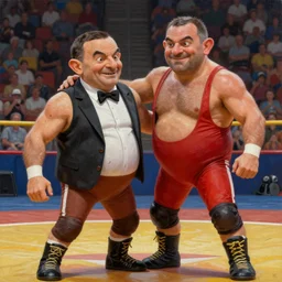 A wrestling match between Mr. Bean and Peewee Herman, hyperrealistic, realistic, highly detailed, very detailed, extremely detailed, HD Quality, 8k resolution, digital art, oil painting, trending on artstation, epic, jagged edges and thick black outlines