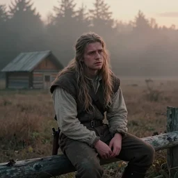 medium shot portrait bust of ciri form the witcher sitting on fence, tired expression, faded color film, russian cinema, mario testino, tarkovsky, technicolor, heavy forest, wood cabin in distance, shallow depth of field, long brown hair, old clothing, heavy fog, brown color palette, sunset, low light, hudson river school, 4 k, dramatic lighting