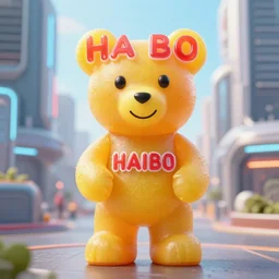portrait of haribo bear in future city, color and shape focus, central composition, natural light, bl