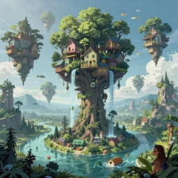 Planet Overgrown, hanging houses, floating trees, alien fishes flying through the sky, waterfalls, river, ancient tree, Greg Rutkowski, Darek Zabrocki, Karlkka, Jayison Devadas, Phuoc Quan, trending on Artstation, 8K, ultra wide angle, pincushion lens effect