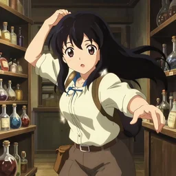 anime visual, portrait of a young female traveler in a alchemist's potion shop interior, cute face by yoh yoshinari, katsura masakazu, studio lighting, dynamic pose, dynamic perspective, strong silhouette, anime cels, ilya kuvshinov, detailed, rounded eyes