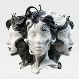 3 d liquid simulation, black curly ink, octane render, xparticles, abstract female faces, intricate swirly patterns, female face model, mixing in white paint, white carved abstract sculpture, black mineral quartz sculpt, swirly curls fractal gold, abstract white fluid, golden edges and fractals, wasili kandinski, artstation, render, cinema 4 d, art noveau fresco, liquid acrylic painting
