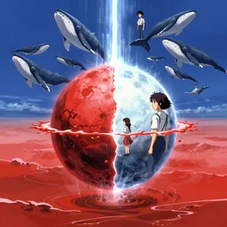 Tonemapped Anime character splitting a gas giant in half like Moses with the Red Sea, while a pack of Space whales fly through an interdimensional rift! in the background by (Hiromu Arakawa), Makoto Shinkai and (Cain Kuga)