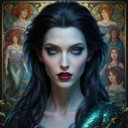 highly detailed vfx portrait of a beautiful vampire mermaid, hypnotic mesmerizing intense eyes, three - dimensional rendering, unreal engine, alexey gurylev, greg rutkowski, loish, rads, beeple, makoto shinkai and lois van baerle, rossdraws, tom bagshaw, alphonse mucha, global lighting, detailed and complex environment