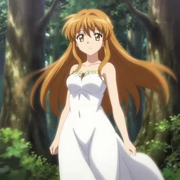 isekai beautiful dandere anime girl hestia danmachi, kamisama standing in forest. flat face. beautiful face, catchlight, aesthetic, golden ratio. beautiful lineart, ranking on contest, artstation, soft lighting, artistic pose, character concept, cinematic, motion blur, chromatic abberation. anime tv screenshot.