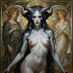 masterpiece painting of beautiful infernal succubus girl by donato giancola, h. r. giger and tom bagshaw, face by artgerm and edmund leighton, background by james jean and alphonse mucha, 8 k, gothic horror, majestic, volumetric lighting, porcelain skin, art deco, trending on pixiv