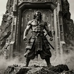 vertical movie frame with heavy furious warrior, standing on cliff , futuristic door in the rock,  inspired by feudal japan  dark fantasy and fashion, muscular   body,  brutal blooded  symmetrical face, epic,dramatic lighting, cinematic, establishing shot, extremely high detail, photorealistic,  brutal, provocative , cinematic lighting, artstation, octane render, dark fantasy ,old photo, vintage, black and white, Boris vallejo, sepia, old photography, documentary photography