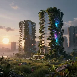 a beautiful photorealistic illustration of basement suite city by bernard tschumi, synthwave hyperrealism dramatic lighting nature laser futuristic morning sun landscape venus retro galactic rainforest sea meadow elysian thermal imaging reclaimed by nature at dawn darkacademia fantasy, archdaily, wallpaper, highly detailed, trending on artstation.