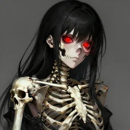 A realistic anime portrait of a beautiful skeleton woman with glowing red eyes wearing clothes made of skulls, digital painting, by Stanley Artgerm Lau, Sakimichan, WLOP and Rossdraws, digtial painting, trending on ArtStation, SFW version
