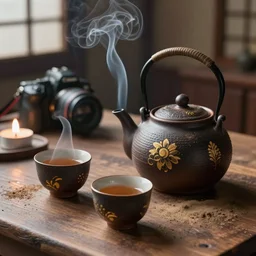 full view of an old traditional japanese teapot two smoky cup of tea on a wood table, ( ( ( dust ) ) ), ceramic material, candles smooth lighting, micro details, ( ( ( ( ( intricate ) ) gold details ) ) ), photorealism, canon camera, rays of lights,, japanese house detailed smoky background, by annie liebovitz