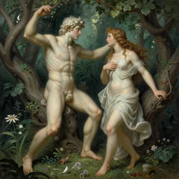 the creation of Adam and Eve in the garden of eden, sharp focus, intricate, elegant, digital painting, artisan, artstation, matte, highly detailed, concept art, illustration, volumetric lighting, art by Rembrandt, alphonse, mucha, greg rutowski
