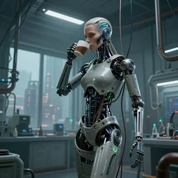 a terminator cyborg lady with borg implants, and is hanging from cables and wires off the ceiling of a lab. her bottom half is missing with cables hanging out. she is taking a sip from a cup of coffee. tiny green led lights in her cybernetics. sophisticated lab in the background, with dystopian city visible through the window. very detailed 8 k. horror cyberpunk style.