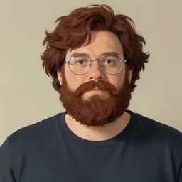dark auburn wavy hair heavy set american man with freckles, beard, rimless glasses, studio ghibli danny hollander dannyjevriend painterly style, portrait symetrical