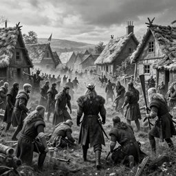 vikings plunder the village and kill all the inhabitants, high detail of the environment and characters, detailing even the smallest particles and details, black and white style, 4 k, 8 k, trending on artstation, artstationhd, artstationhq