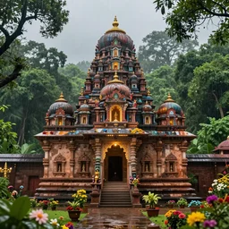 magnificent forts of indian temples surrounded by green jungles decorated in natural lights and colorful flowers with rain hyperrealistic, sense of depth, 4 k, photorealistic, incredible india, new - age mystical symbolism, intricately detailed, cgsociety n 4
