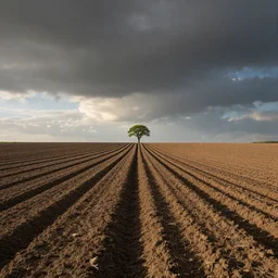 ploughed field, lines leading away from camera to a single point on the horizon, single beautiful tree on horizon