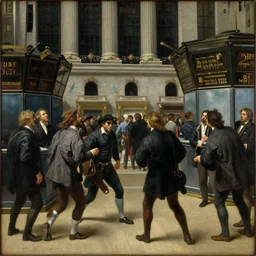 painting of Newyork stock exchange trading floor bearish mood people fighting each other  by George Stubbs, renaissance painting, oil painting, old master