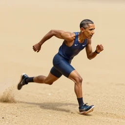 action photography, long shot, award winning macro photo of an ultra detailed intricate tiny obama running insanely fast on the sand, fast shutter speed, motion blur, tiny gaussian blur, highly detailed, highly intricate, depth of field, national geographic