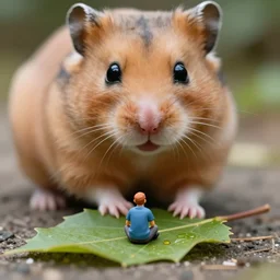 a miniature figure sitting on a leaf, looking up at a giant hamster above
