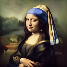 mona lisa as the girl with the pearl earring in the style of caravaggio, minimalistic, soft skin tones
