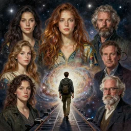 portrait of a male traveler in the galaxy receding into the distance, rear view, path traced, highly detailed, high quality, digital painting, alena aenami, lilia alvarado, shinji aramaki, karol bak, alphonse mucha, tom bagshaw