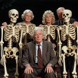 7 0 s film still from a horror movie with elderly people posing next to skeletons, kodachrome, cinecolor, cinestill, photorealism, cinematic, film grain, film texture, vhs recording