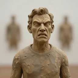 mixed medium sculpture, clay and wood, of an angry man, philippe faraut, bokeh, soft light, highly detailed
