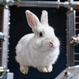 a cute fluffy white rabbit floating inside the international space station, realistic, professional photography, 4 k, sharp lens, focus, depth of field